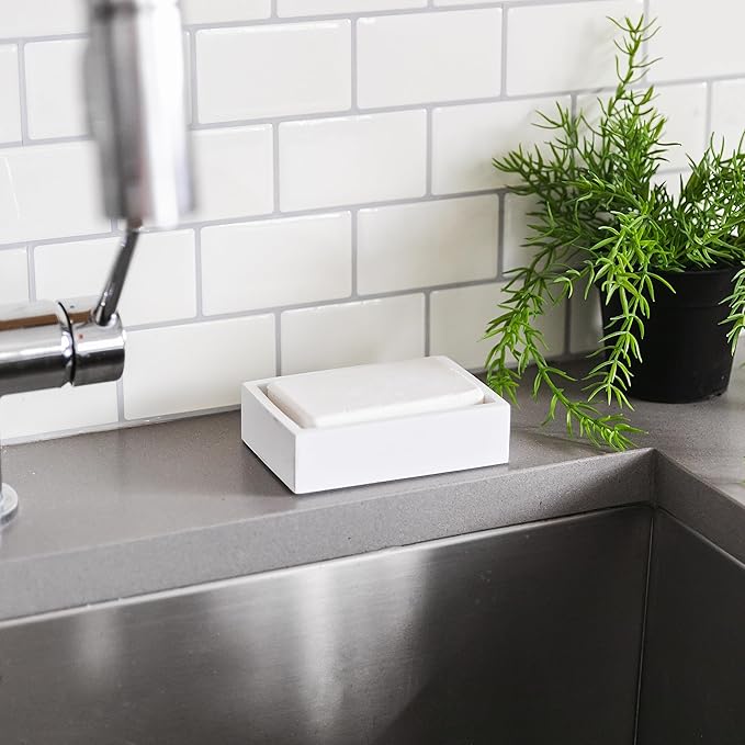 Matte White Square Soap Dish for Bathrooms and Kitchens (Square White)