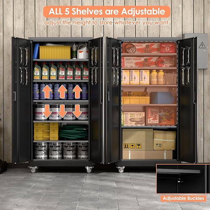 Aobabo 71" H×34" W×18" D Garage Storage Cabinet with Wheels, Metal Locking Storage Cabinet with 4 Hooks and 5 Steel Shelves for Garage, Home Office, School, Assembly Required, Black