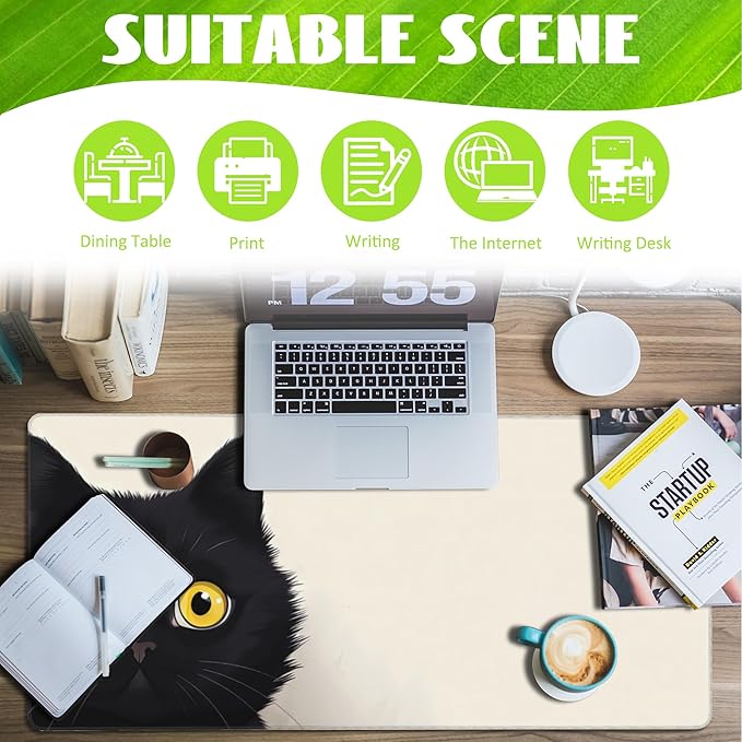 Desk Pad,Black Cat Desk Mat,Cute Cat Large Gaming Mouse Pad for Desk,Extended Big Computer Keyboard Mouse Pad with Non-Slip Base and Stitched Edge,35.4"x15.7"