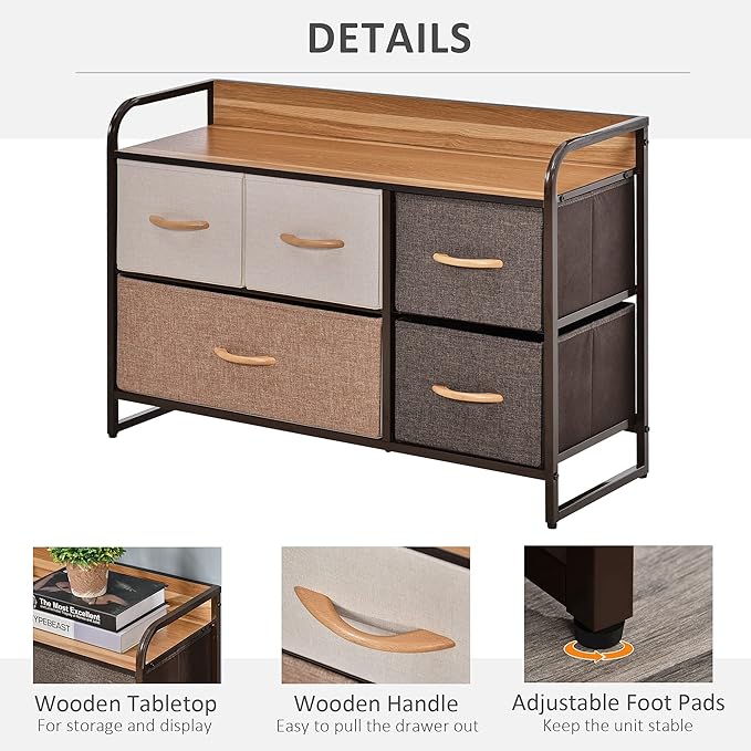 HOMCOM 5-Drawer Dresser, Fabric Chest of Drawers, 2-Tier Storage Organizer for Bedroom Entryway, Tower Unit with Steel Frame Wooden Top, Maple Wood