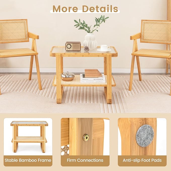 GOFLAME Bamboo Side Table Set of 2 with Glass Top, 2-Tier End Table with PE Rattan Shelf, Ideal for Bedroom, Living Room