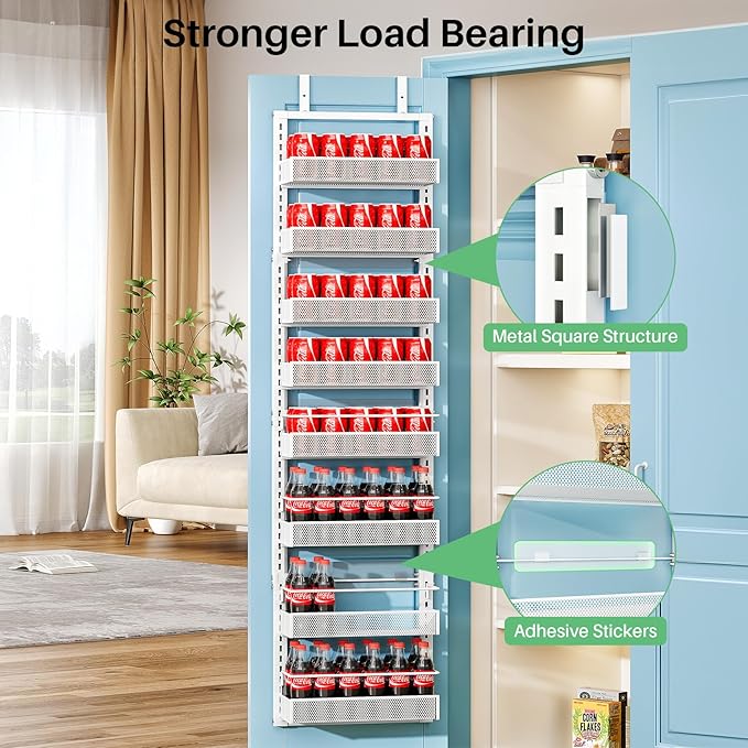 SNTD Over the Door Pantry Organizer - 8 Tier Adjustable Pantry Door Spice Organizer, Large Capacity Hanging Door Spice Rack for Kitchen Pantry Organizers and Storage (White, 12.3" W x 4.7" D x 69" H)