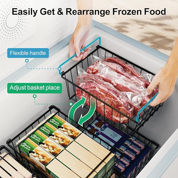 iSPECLE Chest Freezer Organizer - 3 Pack Stackable Deep Freezer Organizer Bins for 5 Cu Ft Freezer Sort Frozen Food, Freezer Organizer Bins Get Food Easily with Handle Add Storage Space, Black