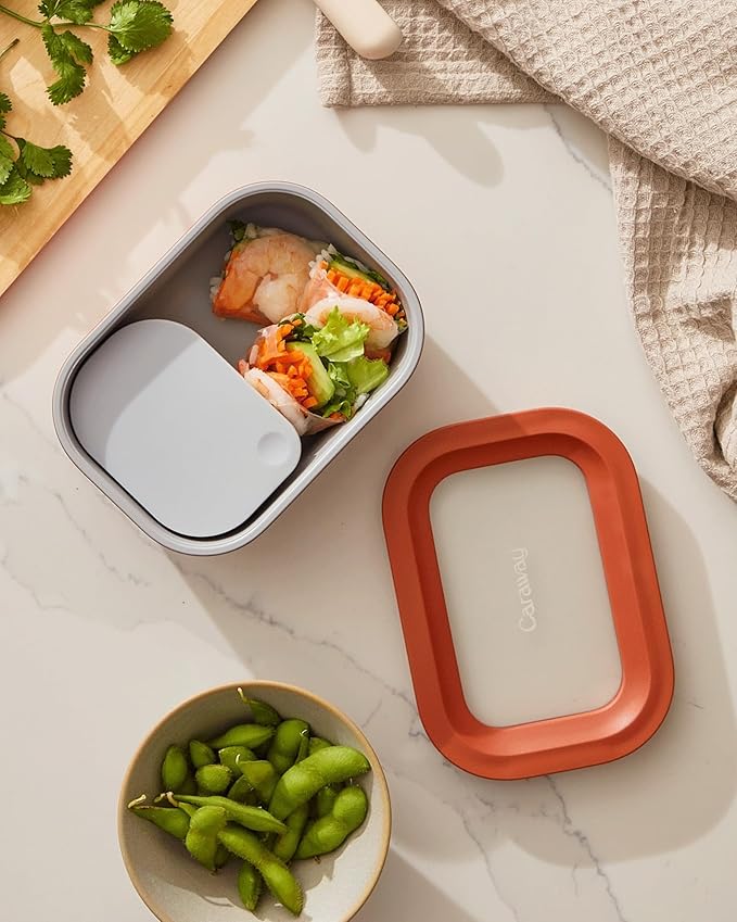 Caraway Mini Rectangle Food Storage Container - 2.6 Cup Glass Storage Container for Food - Non-Toxic Ceramic-Coated Glass - Air Release Technology - Compact & Stackable Design - Navy