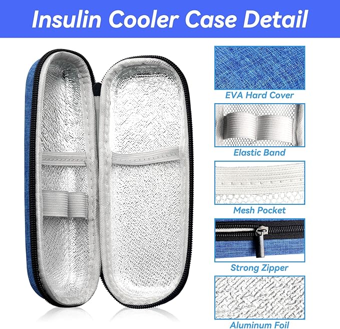 Insulin Cooler Travel Case with 2 Ice Packs, Portable Medication Diabetic Cooler Organizer Bag for Daily Life and Trip Use, Blue