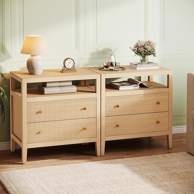 Tribesigns Modern Nightstand, 2-Drawer Nightstand with Open Storage Shelf, 29.52-Inch Wide Bedside Table Large Night Stand for Bedroom, Living Room, Oak (2)