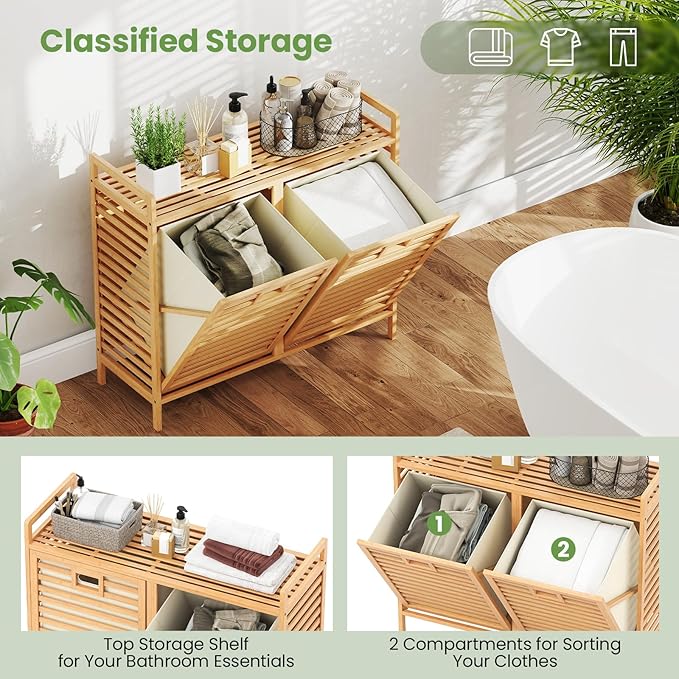 Giantex Tilt Out Laundry Hamper, 20 Gal Bamboo Laundry Storage Cabinet with 2 Removable & Foldable Fabric Bins, Top Shelf, Pull Out Laundry Basket Organizer for Bathroom, Living Room, Bedroom