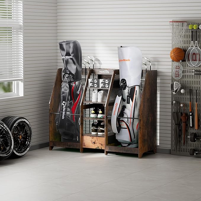 Golf Bag Storage Organizer for Garage, Premium Wooden 2 Golf Bags Rack with Drawer, Easy Assemble Golf Club Stand/Holder Suitable for Garage Home Simulator and Office