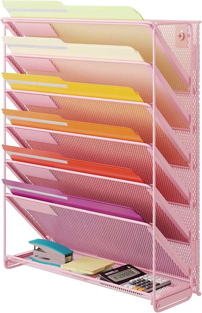 Kuntine.B Wall File Organizer Hanging Magazine Holder (Pink, 7 Tier)