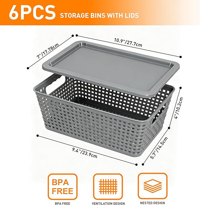 Plastic Storage Baskets With Lid, Storage Bins for Organizing, Stackable Decorative Containers for Shelves Drawers Desktop Closet Playroom Classroom Office, 6 Pack-Grey