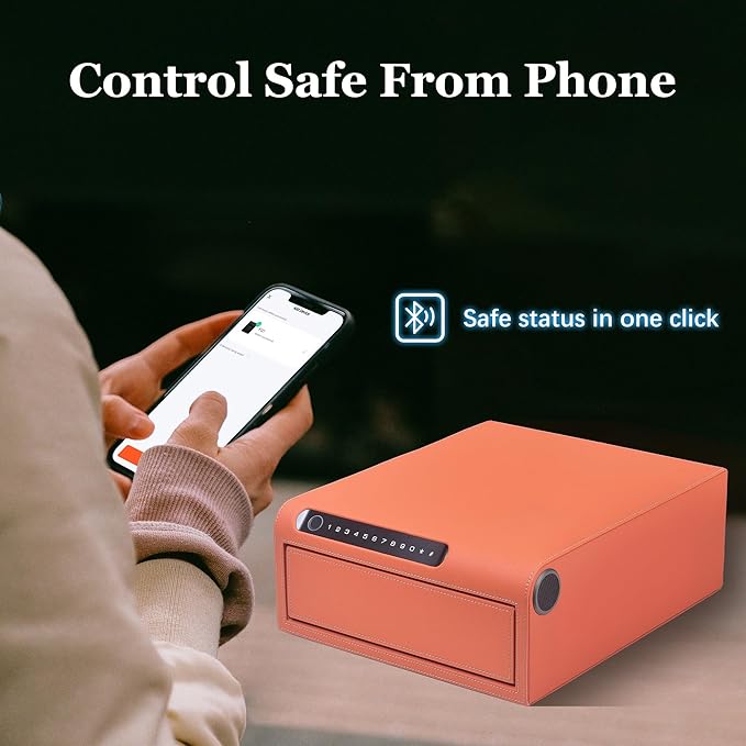 Biometric Fingerprint safe, Slide-Away Handgun Safe for Pistols, Leather Wrapped Jewelry Storage Safe, Drawer Safe for Home,Digital Keypad & Quick-Access Drawer (Orange-1 Drawer)