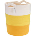Sea Team Large Size Cotton Rope Woven Storage Basket with Handles, Laundry Hamper, Fabric Bucket, Drum, Clothes Toys Organizer for Kid's Room, 20 x 14 inches, Round Open Design, White & Yellow