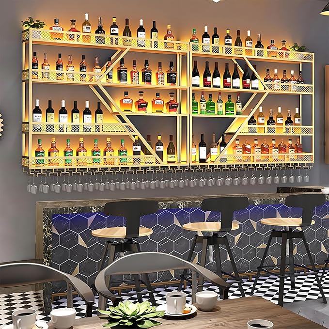 63in Metal Wine Rack Wall Mounted, Modern Wine Storage Rack Wall Mounted with Wine Glass Holder, Liquor Shelf, Bar Shelves for Liquor Bottles (4 Tiers Gold, 63 * 7.87 * 48.5INCH)
