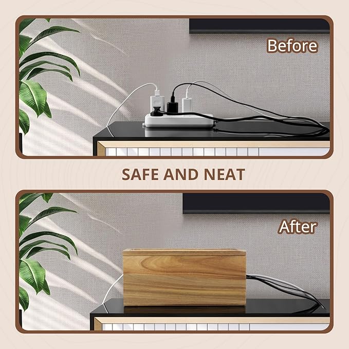 Acacia Wood Cable Management Box - Cable Organizer Box - 2 Open Slots Cords Hider Box - Under Desk Cord Organizer for Power Strip Extension Cord Surge Protector Charger Wire