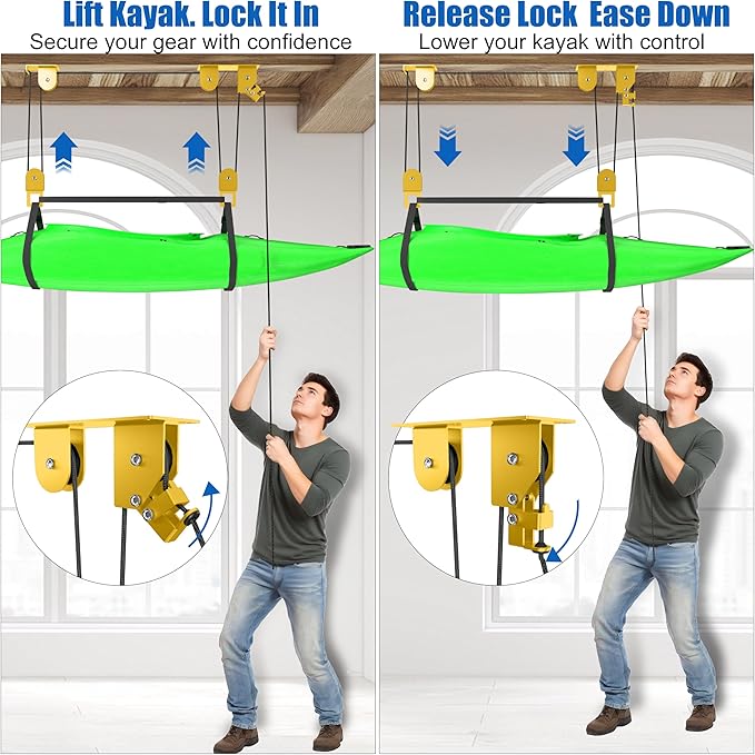 2 Pack Kayak Hoist for Garage Ceiling Storage, Kayak Lift Pulley System with 85 lbs Capacity for Lightweight Kayak, Ladder, Bike, Surfboard