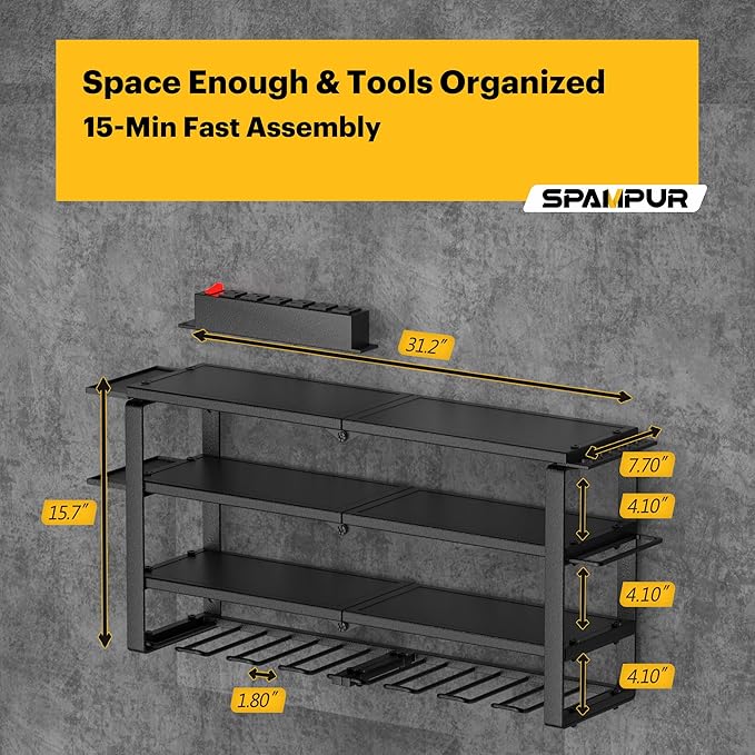 Heavy Duty 4-Tier Power Tool Organizer Wall Mount Rack, Quick Assembly Tool Wall Organizer with 8 Drill Holders & Charging Station, for Garage Workshop Shed Organization - 4 Shelves 8 Slots