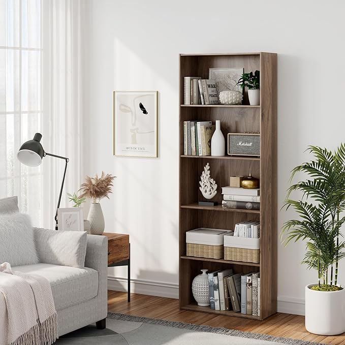 Tangkula 5-Tier Bookcase, 67” Tall Freestanding Bookshelf with 5 Open Shelves, Anti-Toppling Kits, Floor Display Storage Organizer for Living Room, Study, Kitchen, Home & Office (Rustic Brown, 67" H)