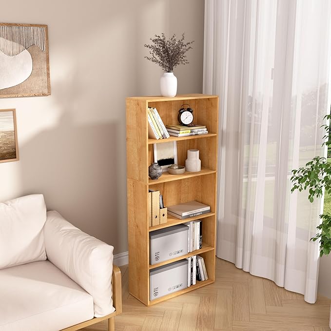 5 Tier Book Shelf,Wooden 5 Cube Storage Organizer,5 Tier Low Bookcase Storage Display Organizer, 54 Inch Versatile Cubes Shelf and Cubby Unit for Any Space (Natural Oak, 5 Cube-W(23.6inch)