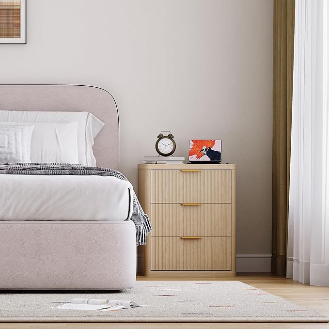 GarveeHome Fluted Nightstand with Charging Station, Bedside Table with 3 Drawers Storage Space, Metal Handles and Rounded Corners for Safety, Side Tables, End Table Bedroom, Living Room