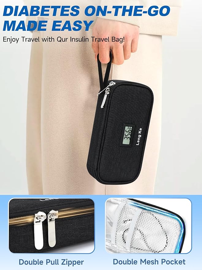 Insulin Cooler Travel Case, TSA Approved Refrigerated Medicine Travel Bag with Protective Ice Brick, Temperature Display Diabetic Medication Cooling Bag for Pen & Vials (Black)