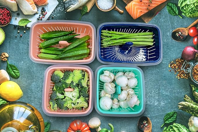 50oz Berry Keeper Fruit Storage Container for Fridge, Fresh Food Produce Saver Containers with Removable Drain Colander, Vegetable Lettuce Keeper Bowl, Refrigerator Organizer, PRESS TO OPEN CLOSE LID