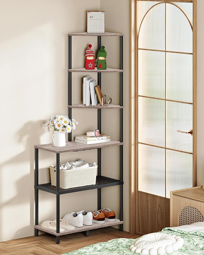 6-Tier Corner Shelf, Industrial Corner Bookshelf with Desk Top, Diamond-Shaped Storage Shelves, Display Stand for Small Spaces, Living Room, Home Office, Foyer, Greige and Black TCJ70BG