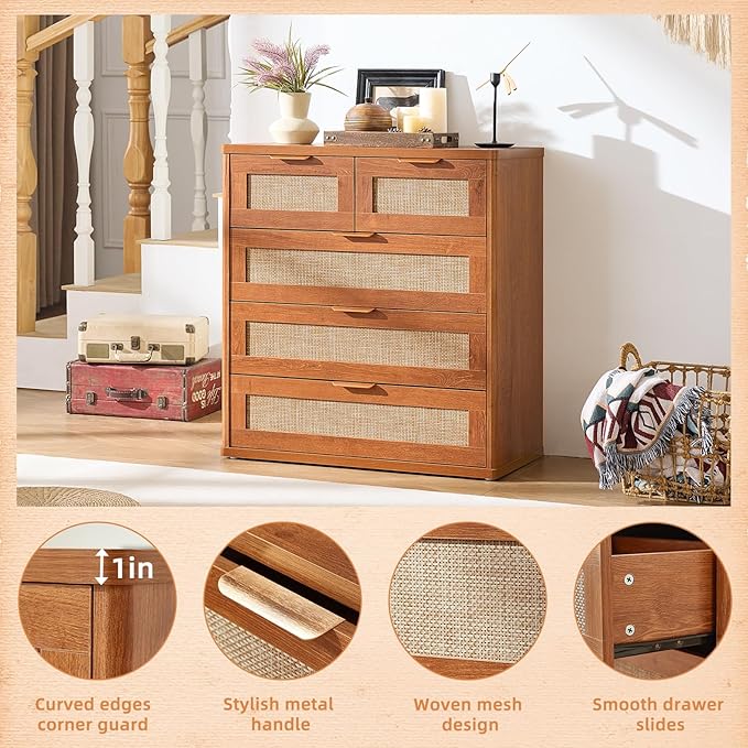 LEYAOYAO Rattan Dresser for Bedroom, 33.5" Tall Chest of Drawers, Modern 5 Drawers Boho Dressers with Storage, Vintage Brown Dresser Wooden Closet Organizer for Living Room, Hallway