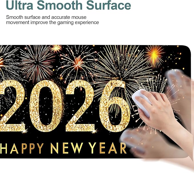 2026 Happy New Year Gaming Mouse Pad 31.5"x11.8"Desk Mat Anti-Slip Rubber Base & Durable Stitched Edges for Gamers Smooth Mouse Writing Surface for Desk Office/Home