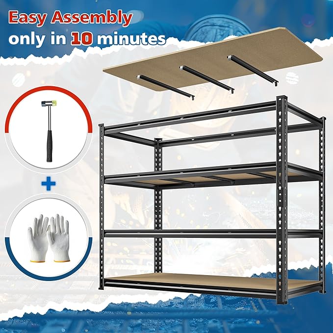 55" W Storage Shelves, 2040LBS Garage Shelving Heavy Duty, 4-Tier Storage Shelving, Adjustable Metal Shelving Unit for Garage, Warehouse, Pantry, Kitchen, 55" W × 24" D × 60" H