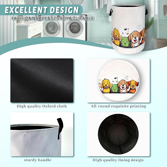 Happy Colorful Dogs Laundry Hamper With Handles Foldable Cute Animals Dog Oxford Cloth Tote Bag Funny Laundry Basket Clothes Toy Storage Bucket 18.9" x 16.5"For Bathroom/Laundry/Bedroom