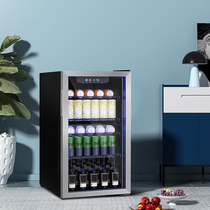Stopasd Beverage Refrigerator Cooler, 3.2 Cu.Ft/126 Can Drink Fridge with Adjustable Shelves & Glass Door for Soda Wine Beer, Quiet Undercounter Small Fridge for Home/Office/Bar/Garage(37-61 ℉),Sliver
