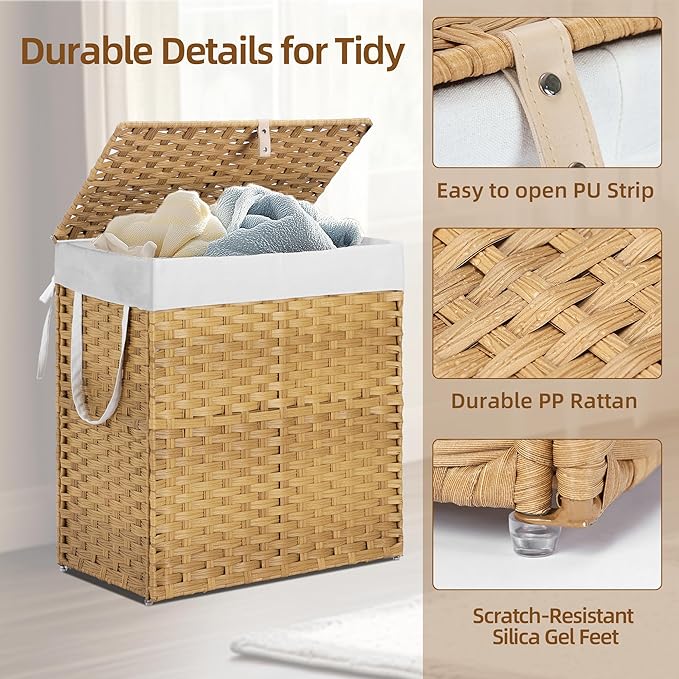 Woven Laundry Basket with Lid, Large Hamper with Removable and Machine-Washable Liner, Foldable Rattan Clothes Hamper, Sturdy Steel Frame, Odor Control, 110L Capacity, Goose Yellow