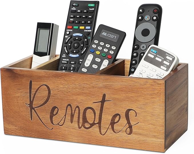 Remote Control Holder Caddy, Acacia Wood TV Remote Holder, Remote Organizer for Table, Vintage Farmhouse Desk Caddy (Brown-for 5+ Remote Controls)