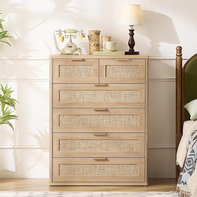 LEYAOYAO Rattan Dresser for Bedroom, 42" Tall Chest of Drawers, Modern 6 Drawers Boho Dressers with Storage, Light Oak Dresser Wooden Closet Organizer for Living Room, Hallway, Natural Wood
