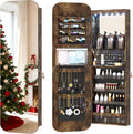 Vlsrka 47.2" LED Mirror Jewelry Cabinet, Wall/Door Mounted Full Length Mirror with Storage, Lockable Jewelry Armoire with Mirror, Rounded Corner Hanging Mirror Jewelry Organizer, Rustic Brown