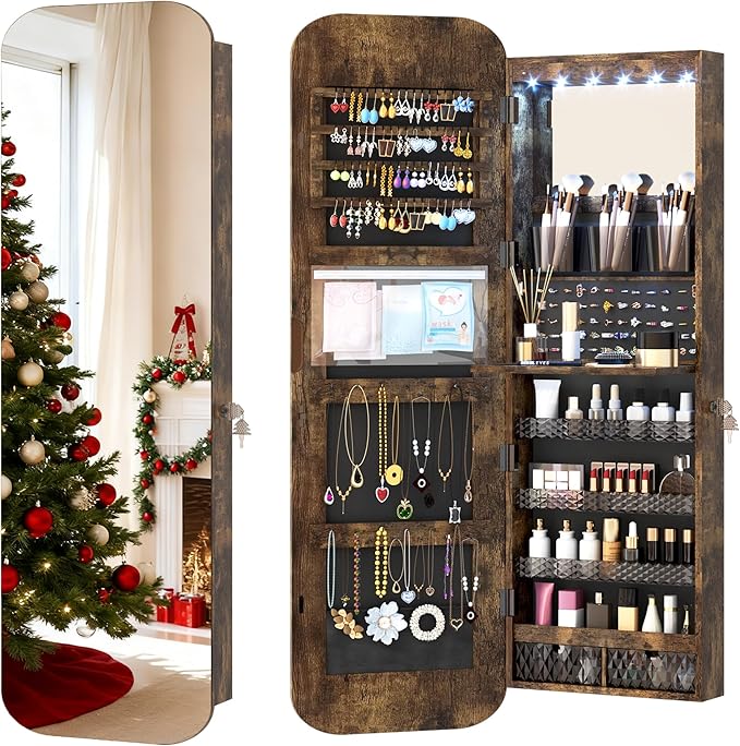 Vlsrka 47.2" LED Mirror Jewelry Cabinet, Wall/Door Mounted Full Length Mirror with Storage, Lockable Jewelry Armoire with Mirror, Rounded Corner Hanging Mirror Jewelry Organizer, Rustic Brown