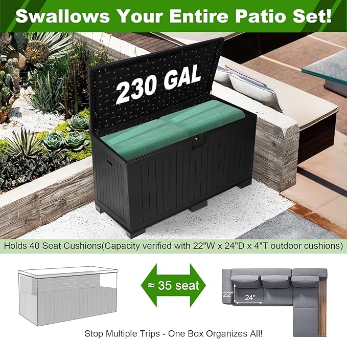 230 Gallon Outdoor Storage Box Waterproof, Extra Large Plastic Outside Deck Box Weatherproof, Resin Patio Storage Bin with Lock and Lids for Pool Equipment and Cushion, Black