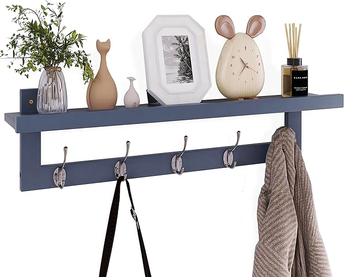 SMIBUY Coat Hooks with Shelf Wall-Mounted, 29.2 Inch Entryway Coat Rack for Wall, Bamboo Hanging Shelf with 5 Double Metal Hooks for Bathroom, Bedroom, Kitchen, Living Room, Mudroom (Grey)