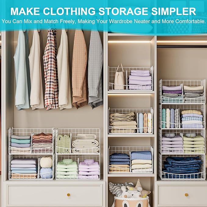 4-Tier Stackable Closet Organizers and Storage Basket with Divider, Foldable Closet Shelf Organizer Systems for Clothing Sweaters, Wardrobe Cupboard, White