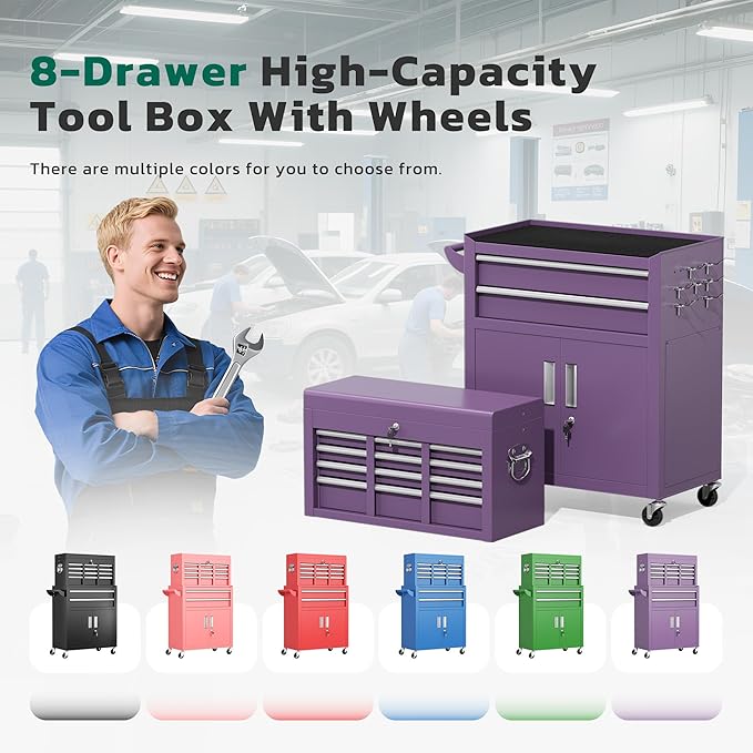 Greenvelly Tool Chest, 8-Drawer Rolling Tool Chest with Hooks and Lockable Wheels,Metal Storage Detachable Top Tool Box with Lockable Wheels for Garage,Workshop,Art Studio(Purple)
