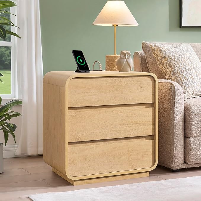 Modern Nightstand Set of 2, 23.2" Large Wood Night Stand with Charging Station & Curved Profile, 3 Storage Drawers Dresser Bedside Table, Mid-Century End Table for Bedroom Sofa, Natural