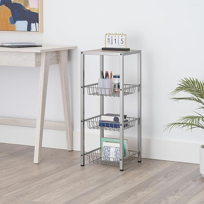 TRINITY 4-Tier Freestanding Metal Shelving Rack with Wire Baskets, Wood Top, and Adjustable Feet, 12"x12"x30", Champagne + Classic Gray Top
