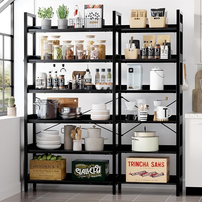 KOUSEI 6-Tier Corner Bookshelf, Reversible L-Shaped Bookcase with 4 Hooks, 69" Industrial Wood & Metal Storage Shelf for Living Room, Home Office & Bedroom, Black