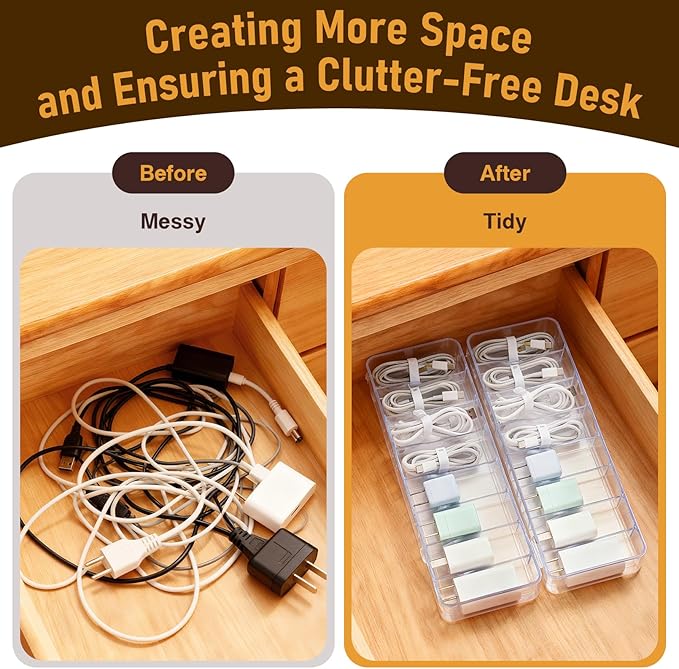 2 Pack Cable Organizer Box, Plastic Cord Storage Box with Lid, Clear Charging Cord Organizer with 8 Compartments and 20 Wire Ties, Charger Organizers for Home Office Drawer Desk Accessories