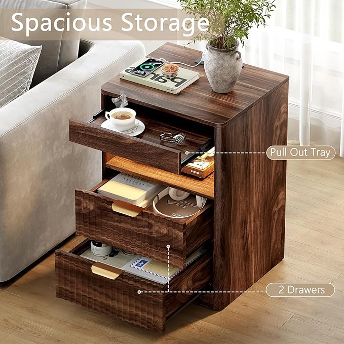REAHOME Fluted Nightstand with Charging Station, Modern LED Night Stand with 2 Drawers and Pull Out Tray, Wood Bedside Table, End Side Table with Open Shelf for Bedroom,Walnut
