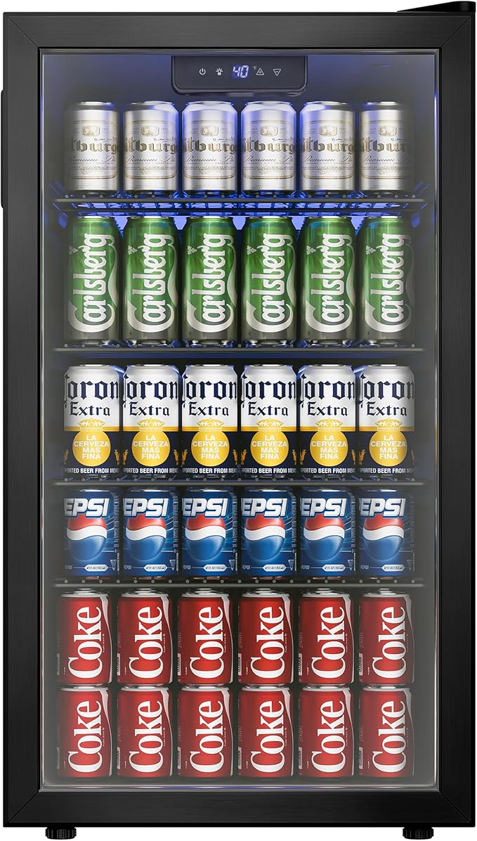 Beverage Refrigerator Cooler, 126 Can Mini Fridge with Glass Door for Wine, Soda Beer, Beverage Cooler for Home, Bar, Office with Adjustable Removable Shelves, Black