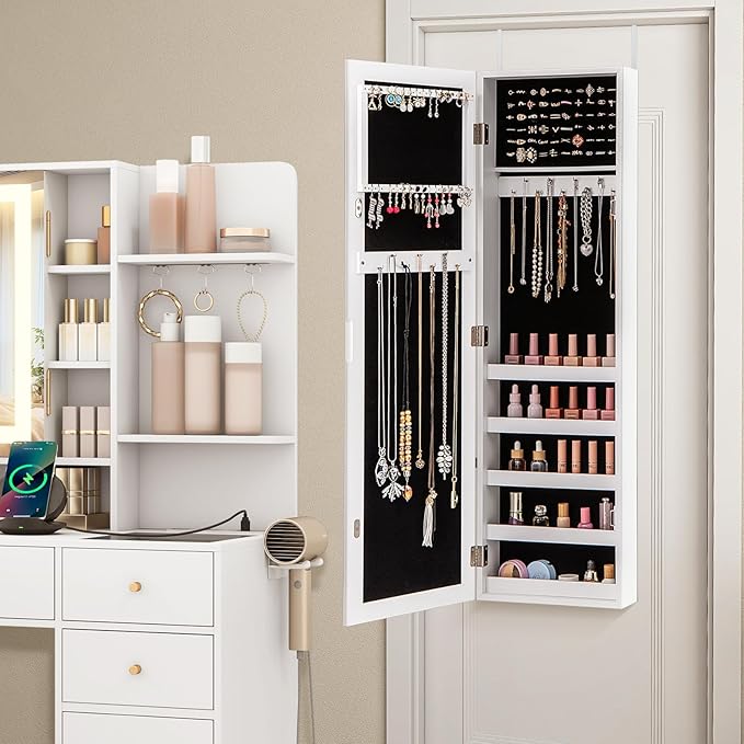 LOKO 42” Mirrored Jewelry Cabinet, Wall/Door Mounted Hanging Jewelry Armoire Organizer with Full-length Mirror, Soft Lining, 5 Storage Shelves for Accessories & Cosmetics, Christmas Gift (White)