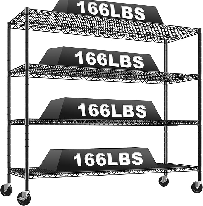 REIBII 60" W Storage Shelves 2878LBS Metal Shelving Unit with Wheels Heavy Duty Garage Shelving Adjustable Wire Shelves for Pantry,Kitchen,Garage,Basement,Business,Warehouse,School,60”W ×24”D×65.3”H