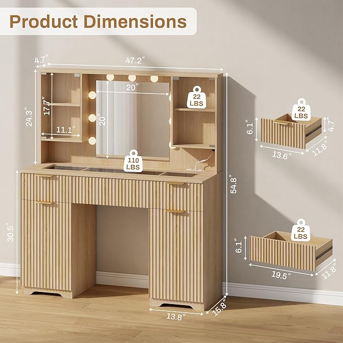 ONME Fluted Vanity Desk 47.2" with Mirror and Lights, Big Vanity with 5 Large Drawers and Adjustable Shelves, Makeup Vanity Table with Glass Top and Charging Station for Women and Girls Bedroom