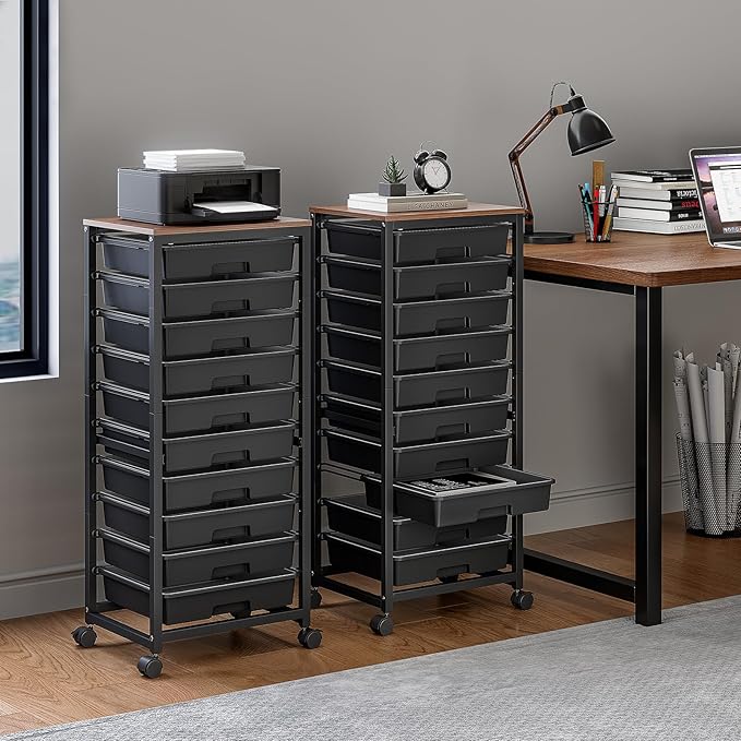 Rolling Cart with Drawers,10 Drawer Rolling Cart,Storage Cart,Utility Cart,Teacher Cart for Classroom Storage,Craft Cart with Wheels and Wooden Tabletop,Black